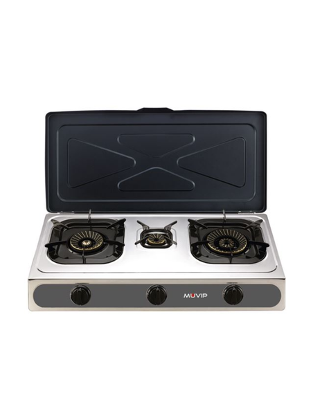 COCINA GAS INOX 3 FUEGOS CRISTAL TEMPLADO MUVIP