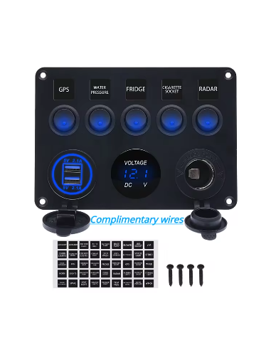 PANEL 5 INTERRUPTORES +USB TOMA 12V Y VOLTIMETRO