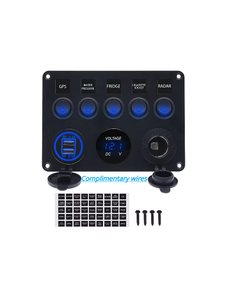 PANEL 5 INTERRUPTORES +USB TOMA 12V Y VOLTIMETRO