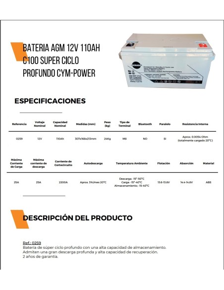 BATERIA SOLAR AGM 110A CYM POWER