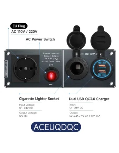 PANEL MULTIFUNCIÓN A 220V CON MECHERO Y DOBLE USB 3.0