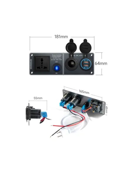 PANEL MULTIFUNCIÓN A 220V CON MECHERO Y DOBLE USB 3.0