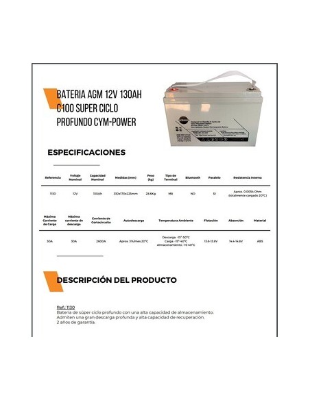 BATERIA SOLAR AGM 130A CYM POWER