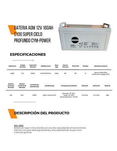 BATERIA SOLAR AGM 160A CYM-POWER