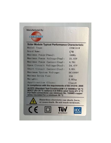 MÓDULO FOTOVOLTAICO MONO 100Wp CLASE A CYM POWER