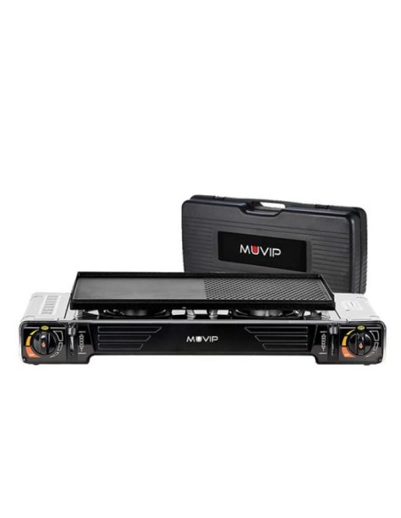COCINA DE GAS PORTATIL DOBLE BOMBONA ACERO + PLANCHA + MALETIN MUVIP