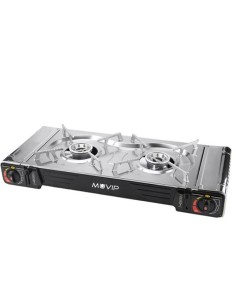 COCINA DE GAS PORTATIL DOBLE BOMBONA ACERO + PLANCHA + MALETIN MUVIP 2