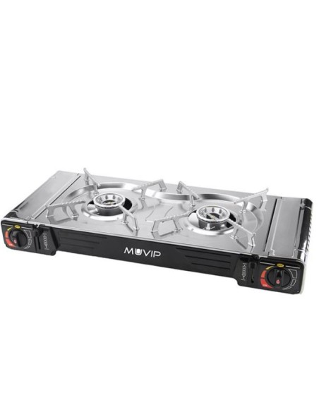 COCINA DE GAS PORTATIL DOBLE BOMBONA ACERO + PLANCHA + MALETIN MUVIP