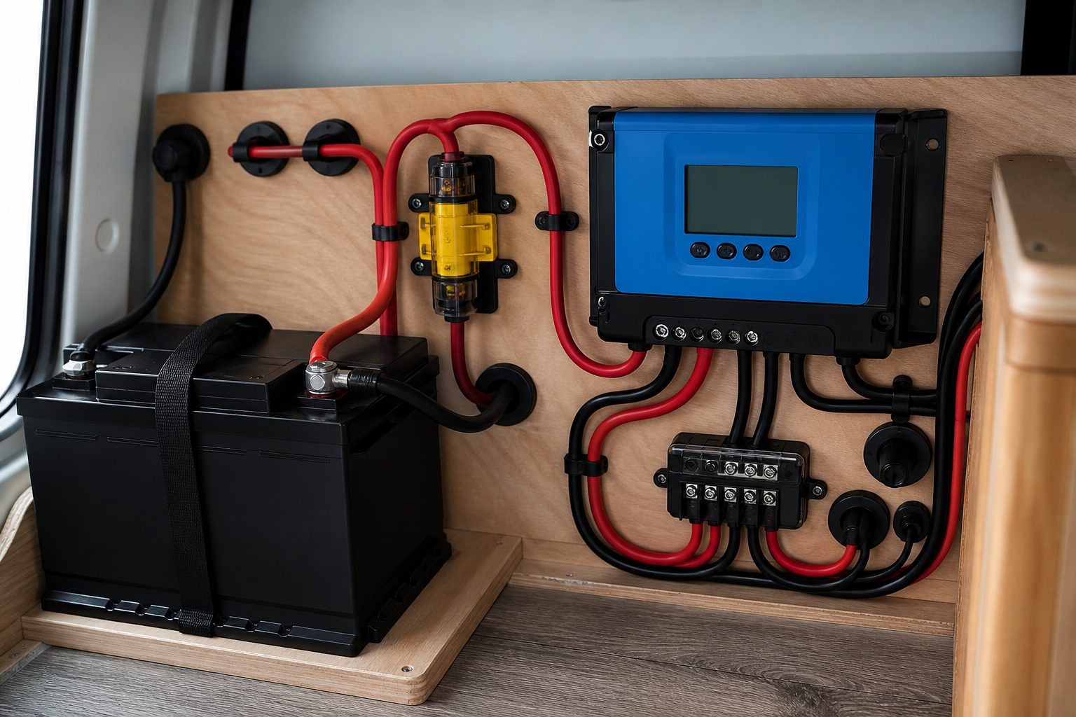 Cuadro 12V de camper con batería, fusibles y regulador solar montados de forma ordenada